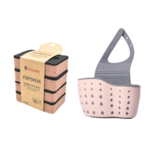 Set Porta Esponjas con Soporte y 4 Esponjas Doble Acción