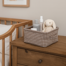 Canasto organizador tela cuadrillé marrón y blanco