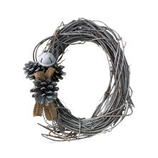 Corona Navideña Rústica Gris Con Piñas y Cascabel